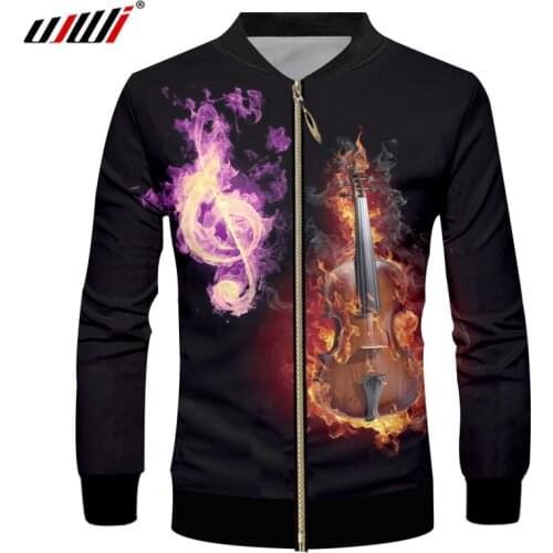 UJWI Mens Flame Guitar Zip Jacket 3D Printed Purple Musical Note New Arrivals Zipper Coat Man Sports Clothing Direct Selling