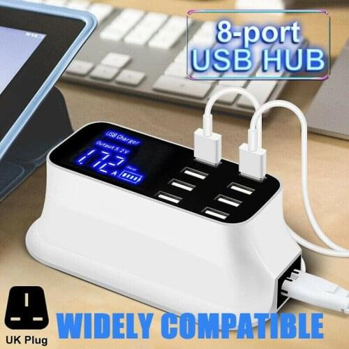 8-Ports Smart USB Charger Hub UK Plug Desktop Digital Display Smartphone Power Charging Station for iPhone Xiaomi Huawei Samsung