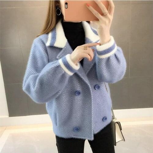 Womens Short Section Pretty Herringbone Wool Jackets Fashion Double Breasted Spring Coats Female Sweater Knitted Mink Jacket