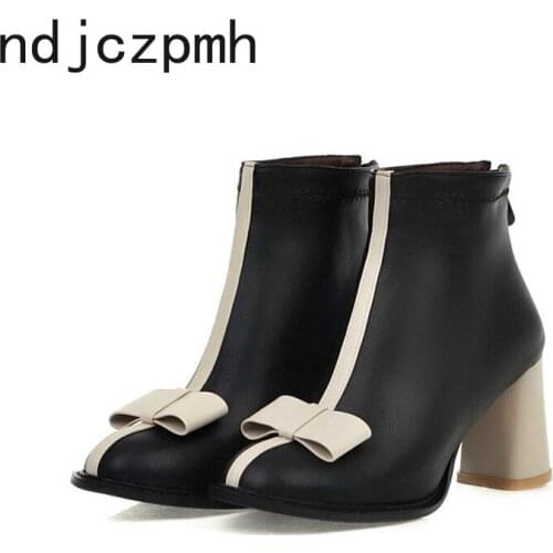 Womens Boots Winter The New Fashion Color Matching Bow Round Head Zipper High Heel Short Tube Womens Shoes Plus Size 32-43
