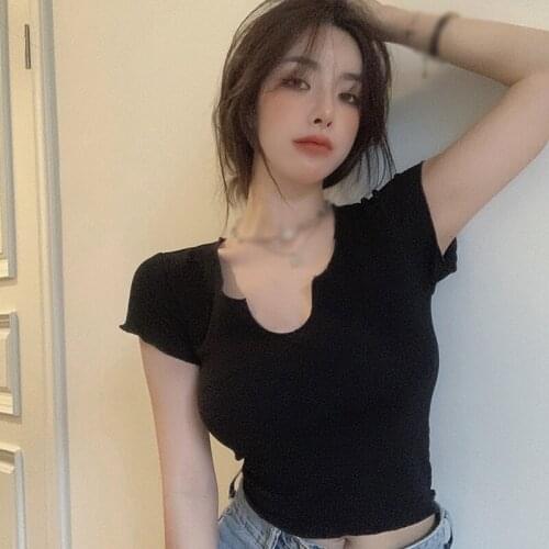 Women Korean Solid Color V Neck Tops Summer Female Slim Exposed Navel Short-Sleeved Tee Shirt