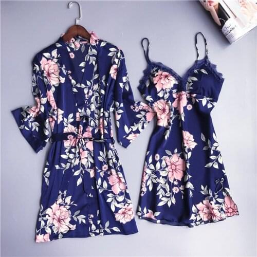Navy Blue Womens 2PC Strap Top Pajamas Sleepwear Sets Lady Home Wear Nightgown Suit Sexy Kimono Robe Bath Gown Sleepshirts M-XXL