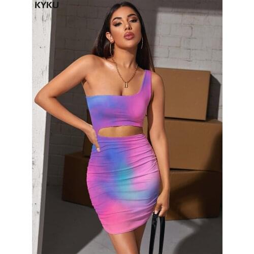 KYKU Tie Dye Dresses Women Colorful Hollow out Dresses Harajuku Bodycon Dress Novel Halter Sleeveless Womens Clothing