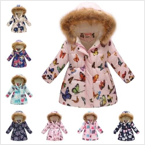 Pink Butterfly Girls Winter Coat Fleece Children Outerwear Clothes Baby Girl Hooded Long Outfit Flower Kids Overcoat Windbreaker
