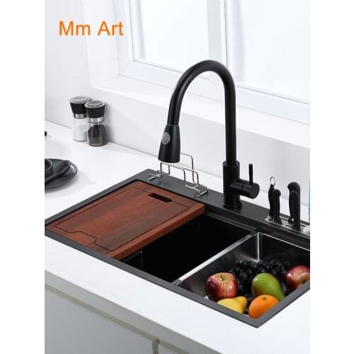 Black kitchen sink With knife holder vegetable washing basin With cutting board stainless steel pia black sink High and low sink