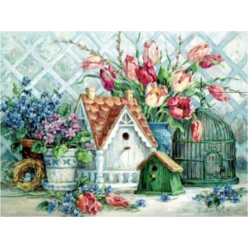 Flower vase diamond art painting cage bird aviary mosaic embroidery picture puzzle stones stickers home decor needlework craft
