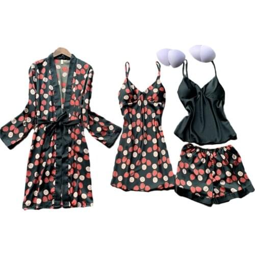 4 Piece/set Silk Sleepwear Sets Negligee Women Bathrobe Printed Nigghtgowns Robes Night Dress Nightwear Sexy Stain Lingerie