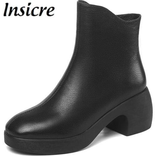 Insicre 2021 New Arrival Genuine Leather Platform Women Ankle Boots Autumn Thick High Heel Fashion Square Toe Dress Shoes
