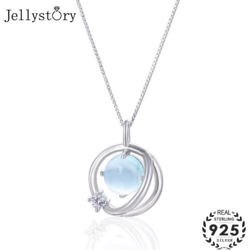 Jellystory 925 Sterling Silver Necklace with Round shaped Sapphire Zircon Pendant for Women Wedding Party Fine Jewelry Wholesale
