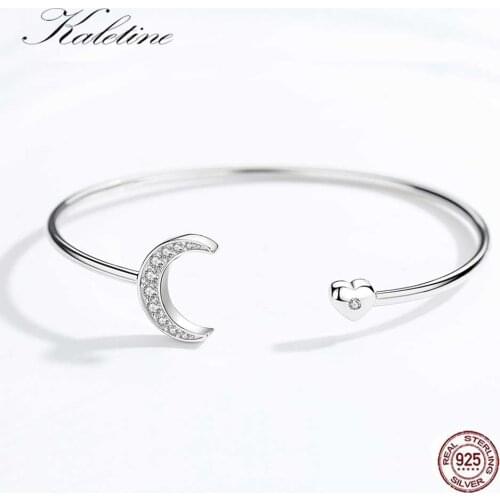 Kaletine Pure 925 Sterling Silver Love Moon Bangle Bracelet Cubic Zirconia Famous Brand Jewelry Snake Chain Gifts for Women