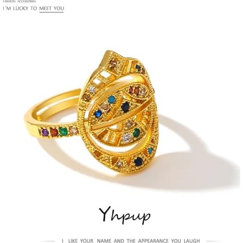 Yhpup Luxury CZ Bling Cubic Zirconia Adjustable Rainbow Ring Jewelry High Quality Geometric Ring for Women Gala Girls Gift New