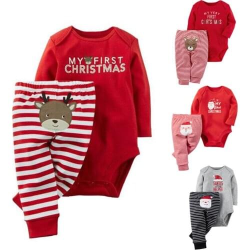 Newborn Clothes Baby Girls Boys Christmas Clothing Sets Fashion Long Sleeve Jumpsuit +Stripe Pants 2pcs Suits Baby Girl Clothes