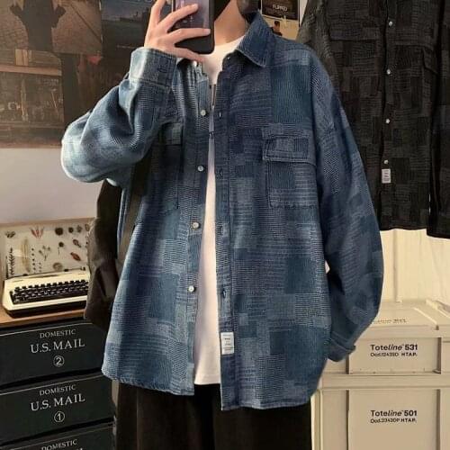 Ins Summer Denim Jacket Male Shirts Youth Long Sleeve Casual Coat Loose Printed Four Seasons Loose Black Blue Mens Clothes