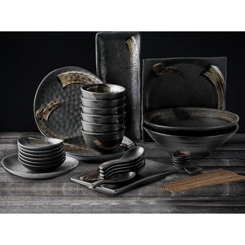 ANTOWALL 2/4/6 Person Japanese Dinner Set Ceramic Retro Black Matte Color Restaurant Products Hotelware