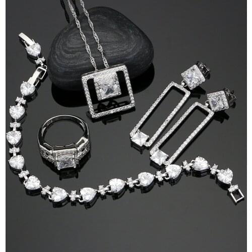 Square 925 Silver Jewelry Sets Natural White Zircon Beads Jewelry Women Party Earrings/Ring/Pendant/Bracelet/Necklace Set