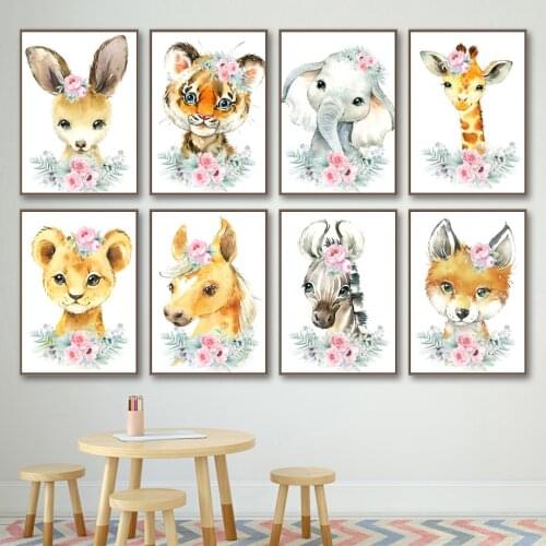 Flower Giraffe Elephant Zebra Rabbit Fox Nursery Wall Art Canvas Painting Posters And Prints Wall Pictures Baby Girl Room Decor