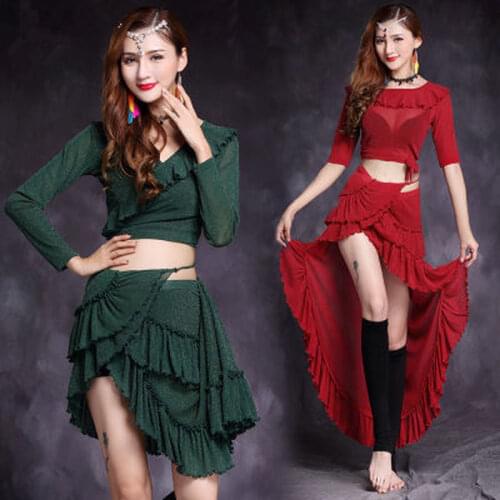 2021 New Women Bellydance Mesh Long Dress Dancewear Belly Dance Costume Sundress Girls Practice Clothes Lotus Leaf Skirt Adult