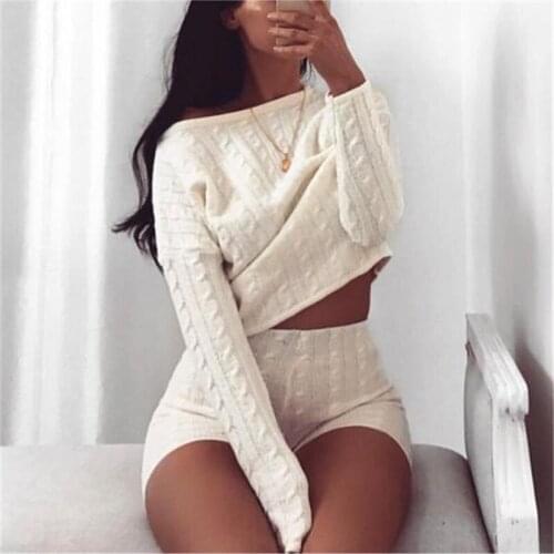2019 Autumn Women Sweater Set Ladies Warm Knitted Sets O Neck Solid Knitting Sweater and Short Pants Set Outfits Women
