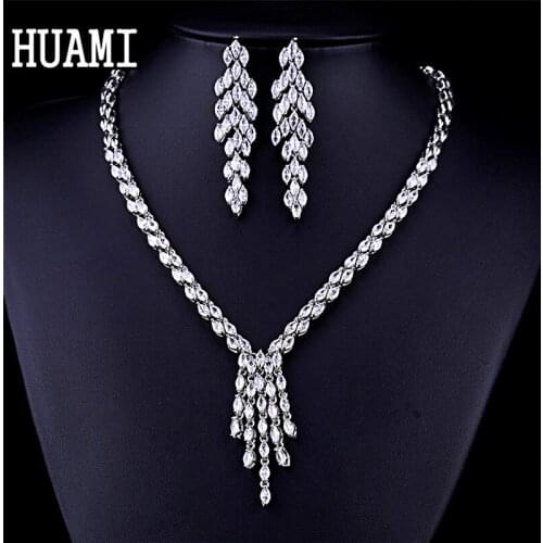 HUAMI Necklace Earring Jewelry Sets for Women Bridal Wedding Party Costume Cubic Zirconia Long Tassel Pendant Necklace Bijoux