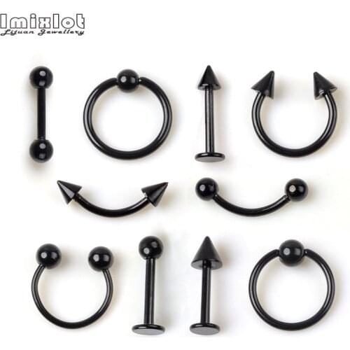 10pcs/lot Black Stainless Steel Navel Belly Eyebrow Bar Nose Lip Tongue Ring Tragus Ear Piercing Barbell Piercings Body Jewely