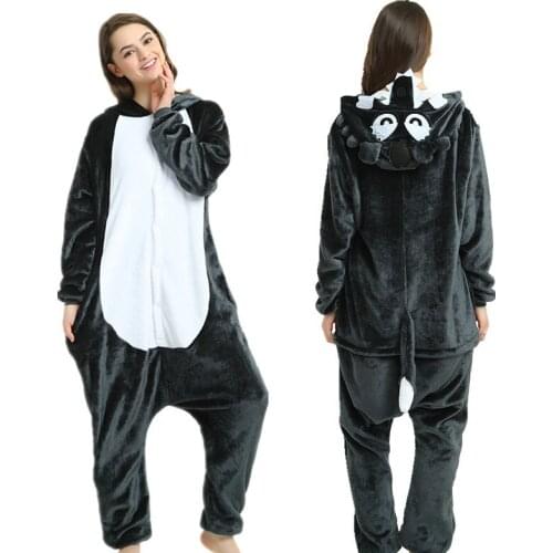 Unisex Adults Animal Pajamas Anime Onesie Black Wolf Flannel Cartoon Cute Warm Cosplay Sleepwear