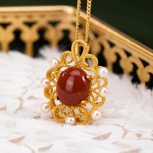 S925 Sterling Silver Natural South Red Agate Pearl Pendant Personality European and American Fashion Necklace Pendant Ladies