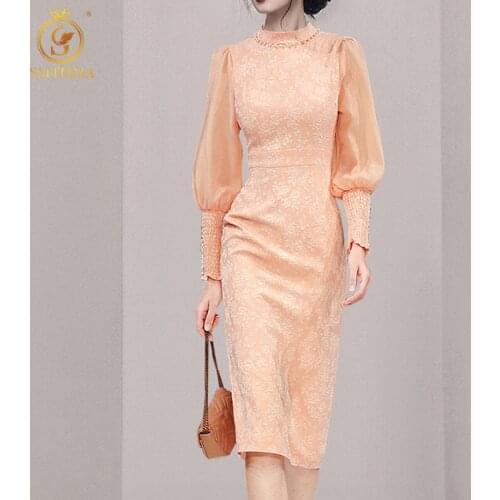 SMTHMA New Autumn Slim Casual Jacquard Dress Female Stand Collar Lantern Sleeve Fashion Dresses For Women 2021 New Clothing