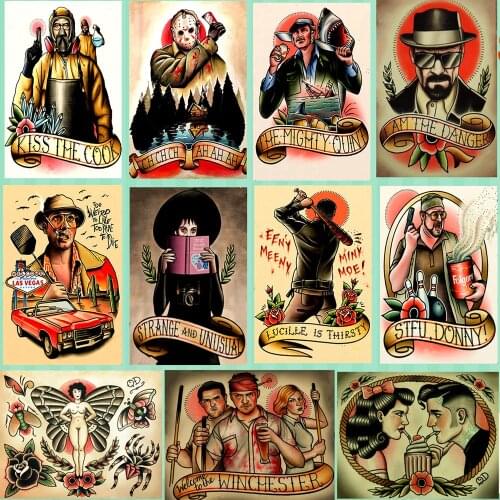 Tattoo\Boxing\Barber\Shaving Old School Class Posters Vintage Kraft Paper Stickers Inkjet Print Painting Barber Shop Decor AB2