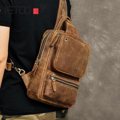 AETOO Vintage handmade mens mad horse leather chest bag, head leather slant bag, multi-pocket one-shoulder bag