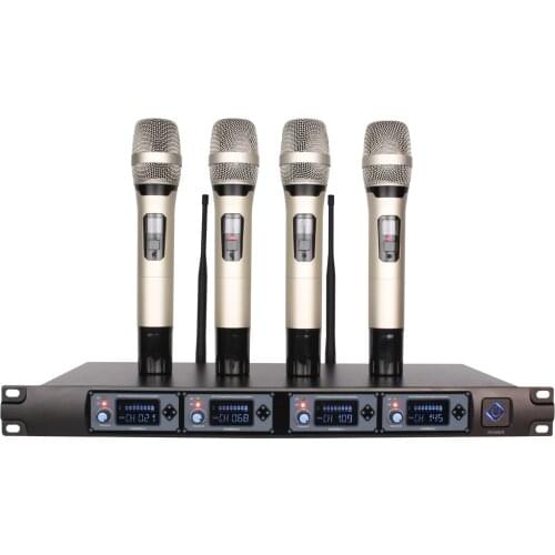 High Quality UHF Stage Studio Wireless Radio DJ Karaoke Sing Microphone System Gold Black Handheld Lapel Headset Mic 4 Channel