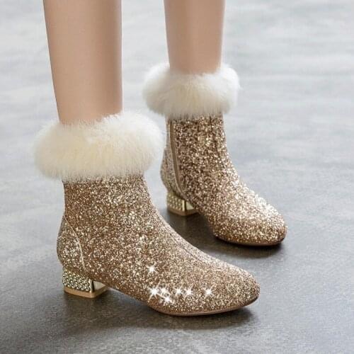 US4-11 Womens Sequins Bling Ankle Boots Fur Decor Block Chunky Low Heel Side Zip Warm Winter Shoes Gold Sliver Black Plus Size