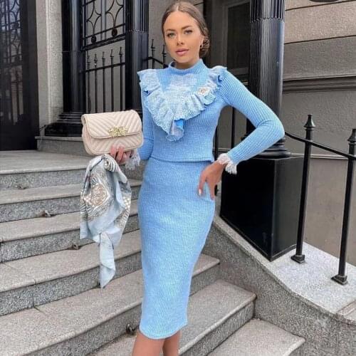 Free Shipping 2021 Elegant Ladies Knit Skirt Set Stand Collar Lace Patchwork Pullover Sweater & Pencil Midi Skirt Two-piece Sets