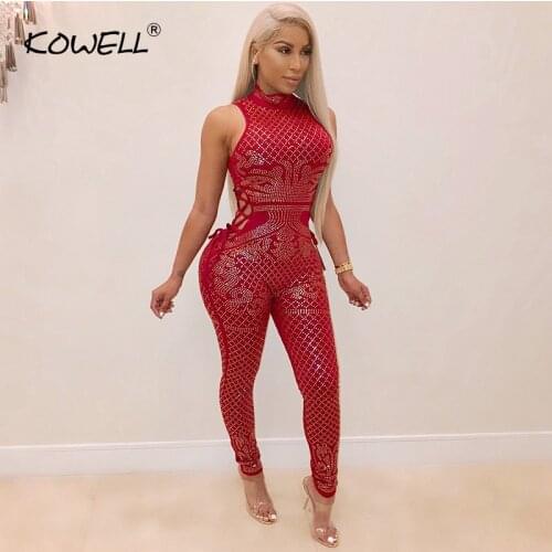Sexy Women Geometric Sequined Jumpsuit Stand Neck Sleeveless Hollow Out Skinny Bodysuits Sexy Clubwear Party Romper Overalls