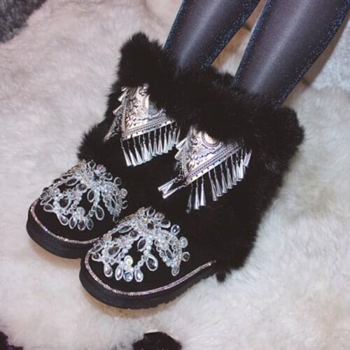 Winter leather snow boots with rhinestone rabbit fur bell warm boots sweet beauty