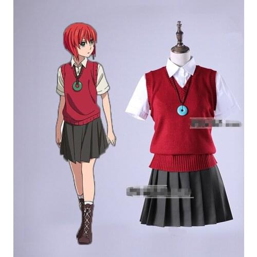 Anime! Mahoutsukai no Yome Chise Hatori School Uniform Cosplay Costume For Women shirt+skirt+necklace+vest+socks Free Shipping