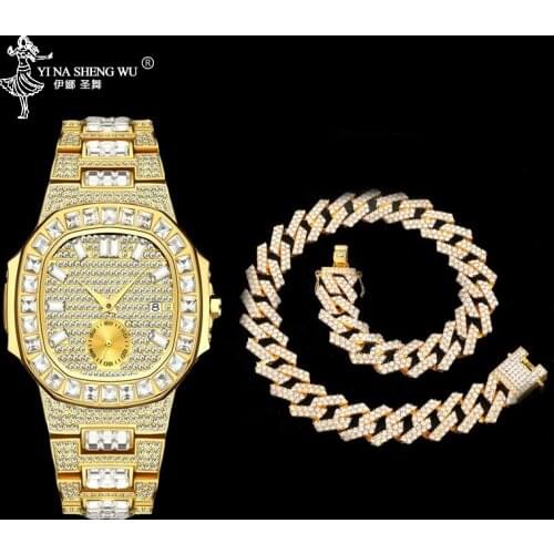 Hip Hop Watch Necklace 1 Set 19MM Gold Color Heavy Full Iced Out Paved Rhinestones Cuban Chain CZ Bling Men Rapper Jewelry Gift