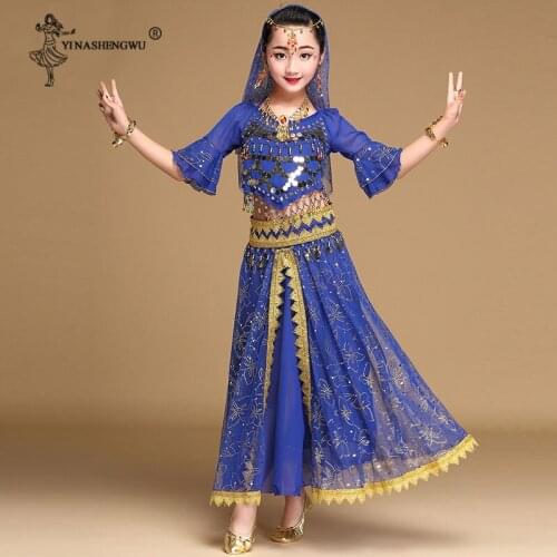 Kids Bollywood Belly Dance Costumes for Girls Belly Dance Oriental Dance Stage Performance Suit Dance Children Chiffon Set India