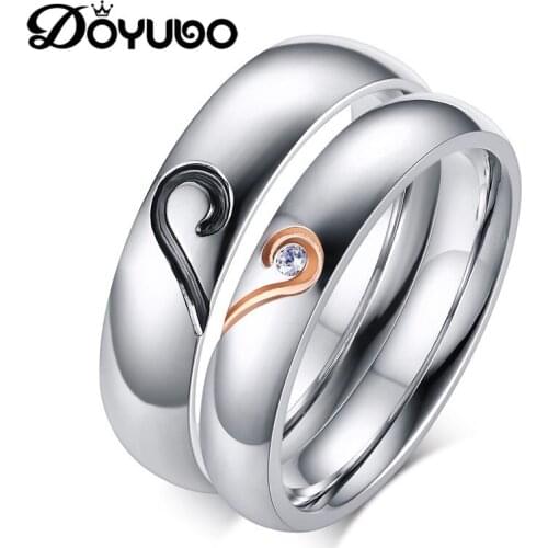 DOYUBO New Design Titanium Steel Lovers Rings Black & Pink Enamel Heart Shape Couples Rings Lovely Wedding Rings Jewelry DF039
