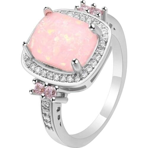 Hainon Austrian Crystal Pink Opal Ring Fashion Jewelry Wholesale New Luxury Women Gift Silver Color Large Square Fire Opal Rings