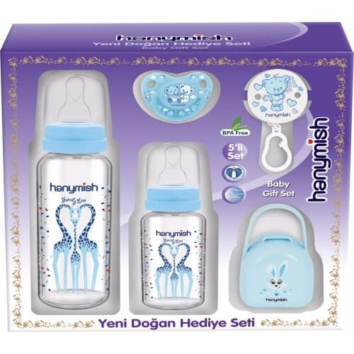 Hanymish Cam Biberon Ve Yardımcı Ürünler İle Yeni Doğan Bebek Hediye Seti 5'li Mavi Erkek