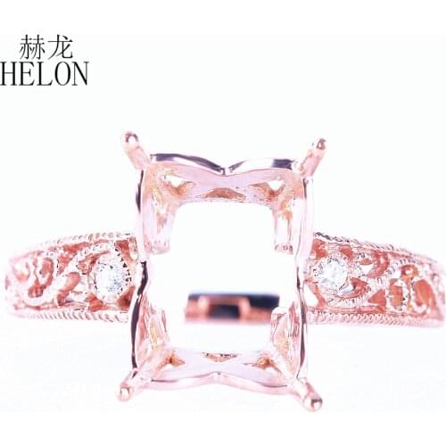 HELON Solid 14K Rose Gold SI/H Natural Diamonds Vintage Fine Jewelry Semi Mount Engagement Wedding Ring Fit Emerald Cut 10x8mm