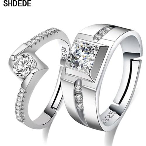 SHDEDE S925 Sterling Silver Promise Rings For Couples Lovers Resizable Zirconia Wedding Party Jewelry Anniversary Gift WH85