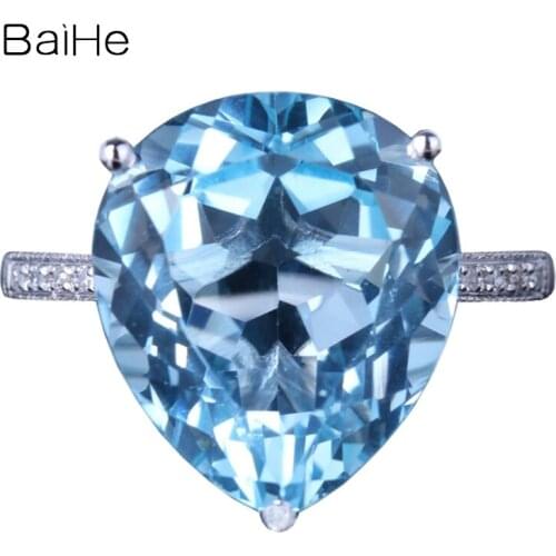 BAIHE Sterling Silver 925 9.62ct Pear Blue Topaz Wedding Gift Women Ring Trendy Fine Jewelry Water drop Blue Topaz Ring