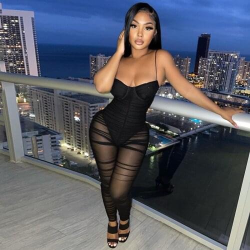 Lady Sheer Mesh Backless Spaghetti Strap Bodycon Jumpsuit Summer Sexy Evening Party Nightclub Overall Playsuits K20915J