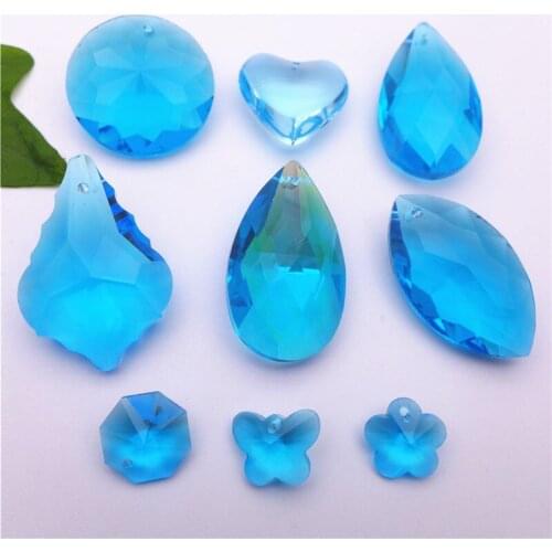 Lake blue crystal pendants heart/pear/leaf/olive shape chandelier curtain lamp hanging drops DIY accessories findings clear k9