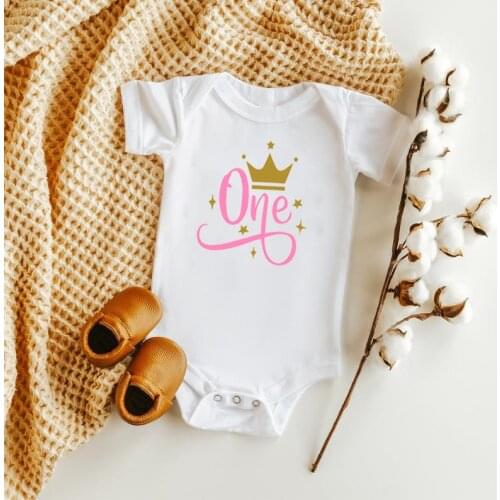 Top One Birthday Gifts One Letter Print Baby Rompers Summer Short Sleeve Boys Girls 100% Cotton Jumpsuits First Birthday Onesies