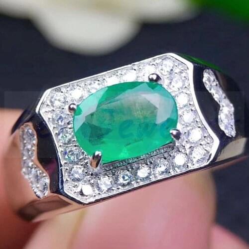 Men ring Emerald ring Free shipping Natural real emerald 925 sterling silver 0.9ct gemstone birthday anniversary gift good color