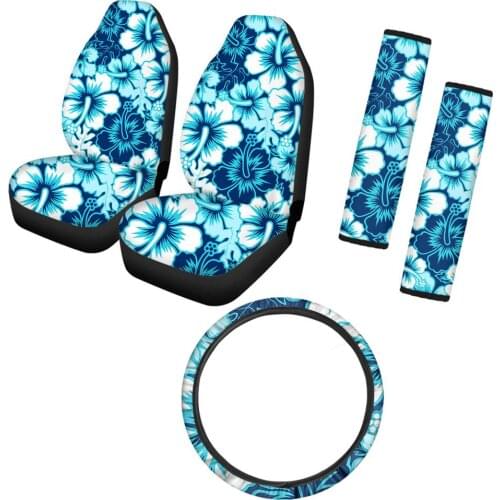 INSTANTARTS Fashion Tropical Hibiscus Printed Set of 5 Car Seat Covers Comfortable Steering Wheel Cover Durable Seatbelt Covers