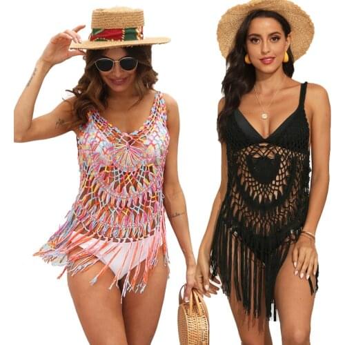 New Knitted Beach Cover Up Sexy Women Bikini Swimsuit Cover Up Hollow Out Beach Dress Tassel Tunics Bathing Suits Mesh Beachwear