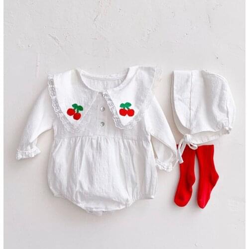 Autumn Baby Girl Bodysuit Baby Cherry Embroidery One-Piece Bodysuit +Hat Baby Ruffled Collar Infant Crawling Clothes